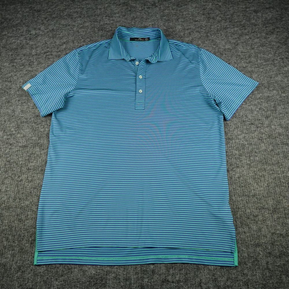 RLX Ralph Lauren Polo Shirt Mens Large Blue Green Striped Performance Golf Adult